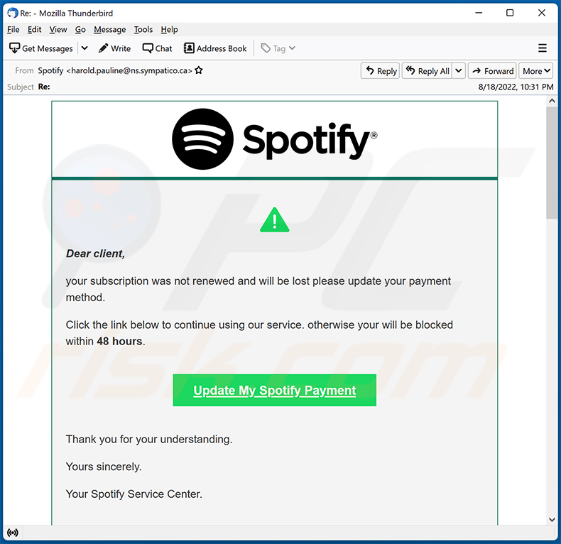 Spam sur le thème de Spotify utilisé pour promouvoir un site Web frauduleux (2022-08-19)