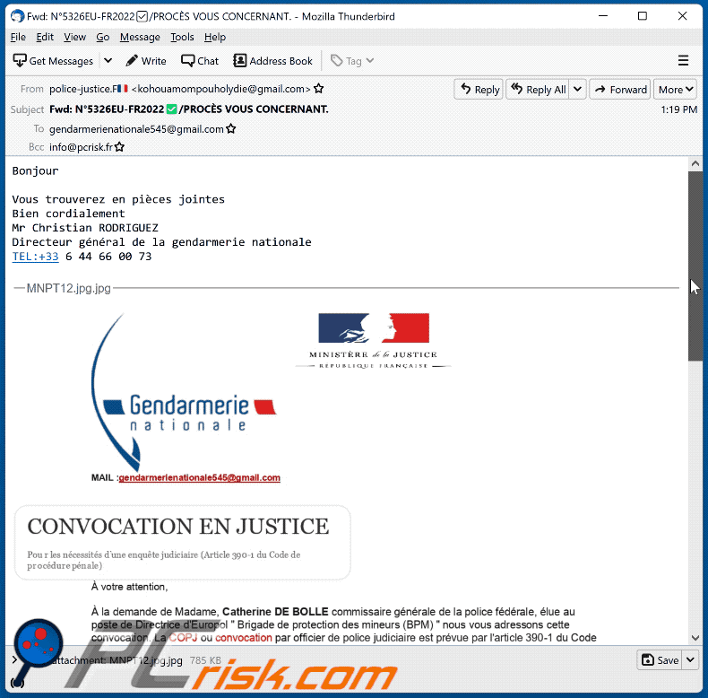Summon To Court For Pedophilia apparition d'un courriel frauduleux - version française (GIF)