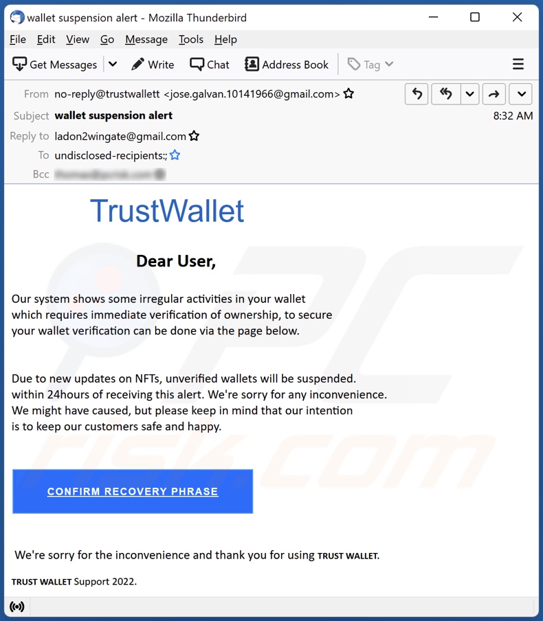Campagne de spam par e-mail TrustWallet