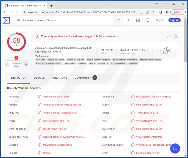 Détections de malwares VIPSpace sur VirusTotal