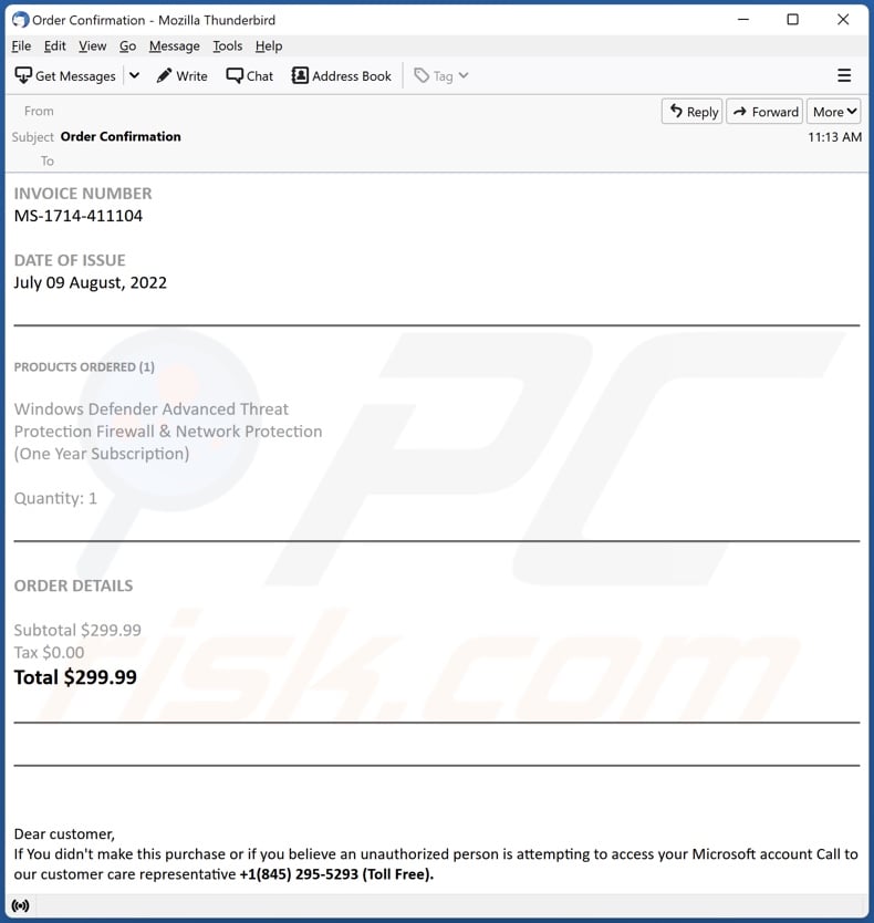 Campagne de spam par e-mail d'abonnement Windows Defender
