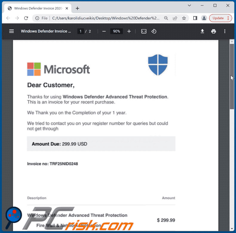 Document PDF frauduleux distribué à l'aide de courriers indésirables sur le thème de l'abonnement Windows Defender