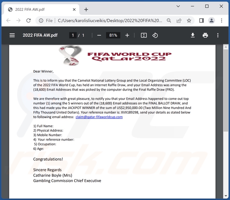 Pièce jointe à un e-mail d'escroquerie pour le prix de la loterie de la FIFA 2022 (2022 FIFA AQ.pdf)