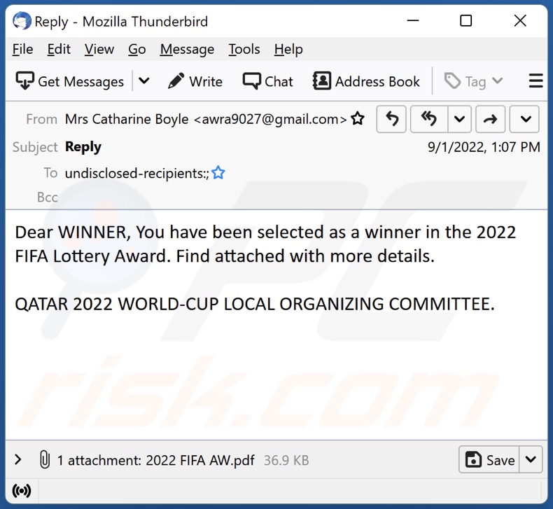 Campagne de spam par e-mail pour les prix de la loterie de la FIFA 2022