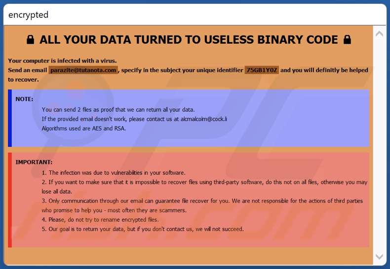 Note de rançon Arazite ransomware (info.hta)