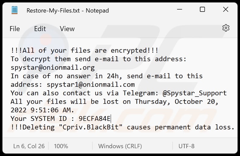 fichier .txt du rançongiciel blackbit (Restore-My-Files.txt)