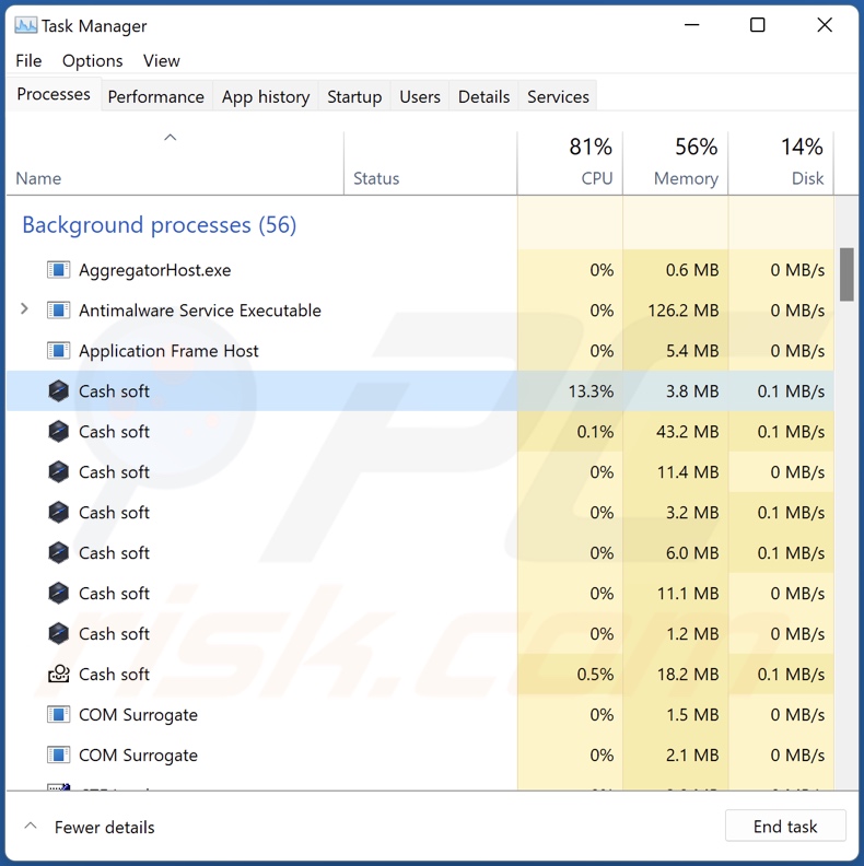 Processus d'adware Cash sur le Gestionnaire des tâches (Cash soft - nom du processus)