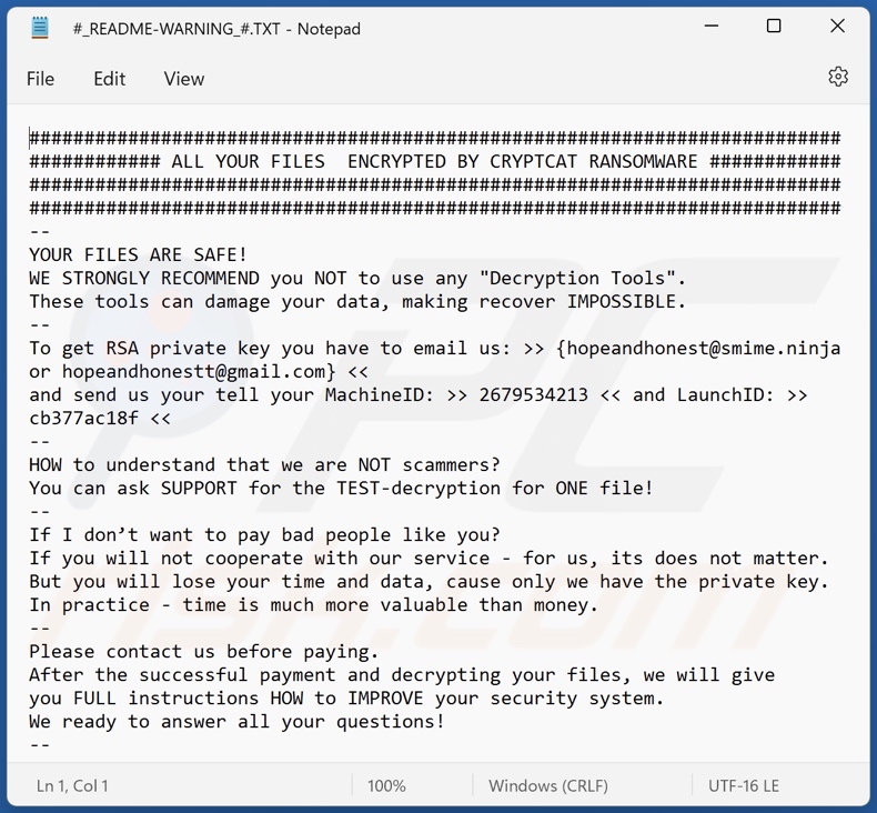 CRYPTCAT ransomware message de demande de rançon (#_README-WARNING_#.TXT)