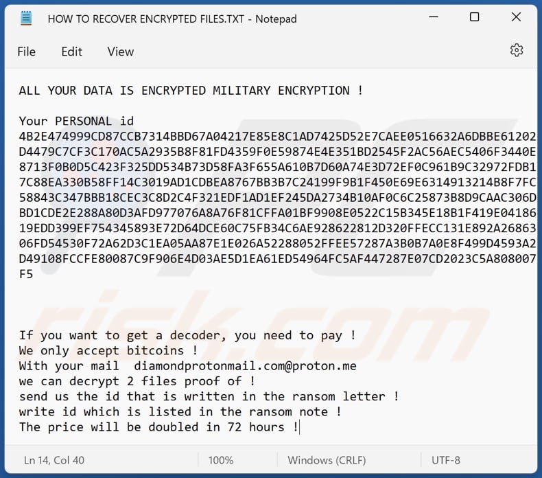 Fichier texte du ransomware Diamond (HOW TO RECOVER ENCRYPTED FILES.TXT)