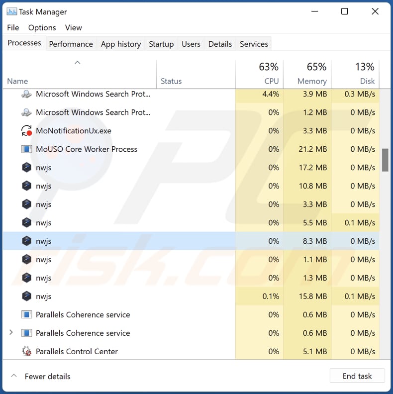 Processus de logiciel publicitaire de la galerie dans le Gestionnaire des tâches de Windows