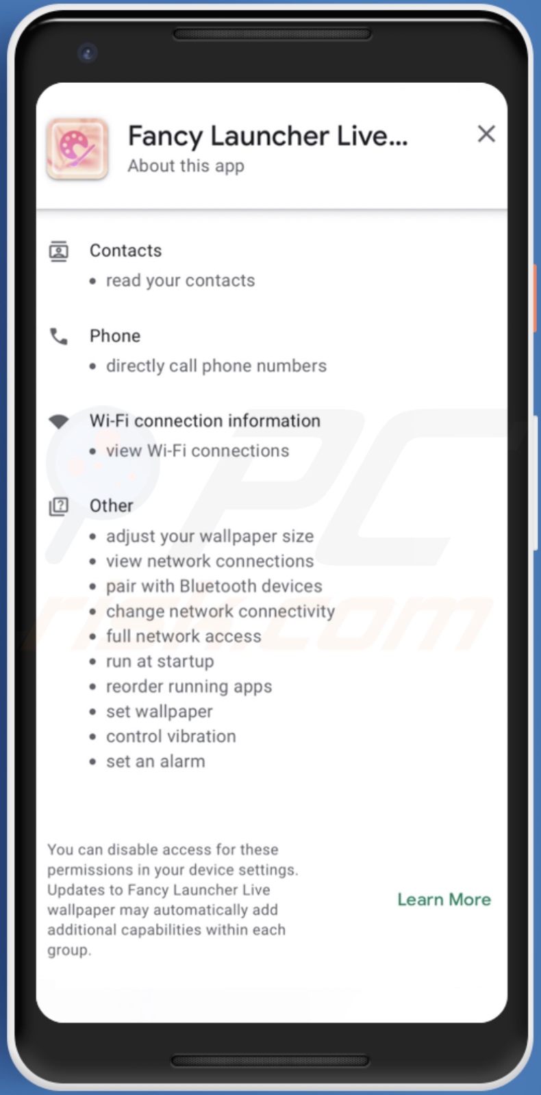 Autorisations demandées par le malware Harly (fond d'écran Fancy Launcher Live - déguisement)