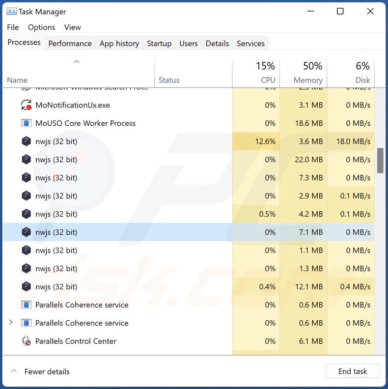 Processus d'adware mobile sur le Gestionnaire des tâches (nwjs - nom du processus)