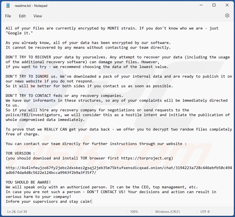 Message demandant une rançon du rançongiciel MONTI (readme.txt)