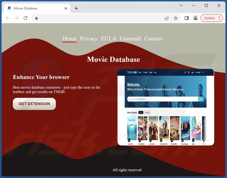 Site Web faisant la promotion du logiciel de publicité Movie Database