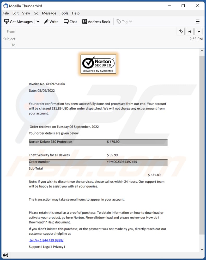 Escroquerie par e-mail de confirmation de commande Norton