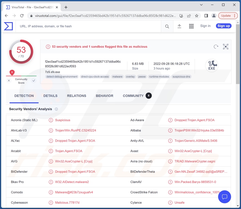 Détections de logiciels malveillants NullMixer sur VirusTotal