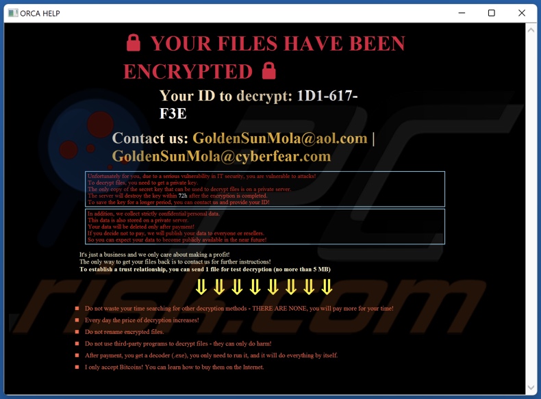 ORCA ransomware note de rançon (HOW_TO_RECOVER_DATA.hta)