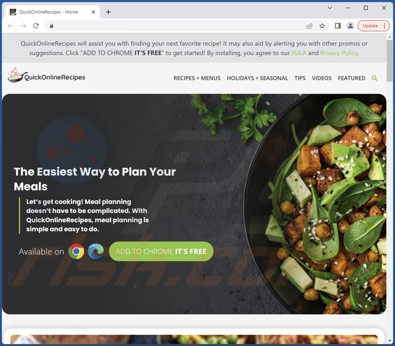 Site Web faisant la promotion du logiciel de publicité Quick Online Recipes