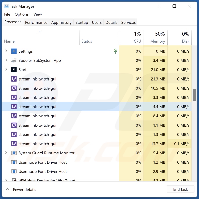 Processus de logiciel publicitaire Streamlink-twitch-gui sur le gestionnaire de tâches (streamlink-twitch-gui - nom du processus)