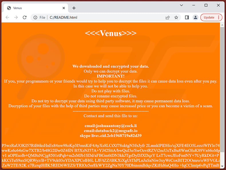 Fichier HTML du rançongiciel Venus (README.html)