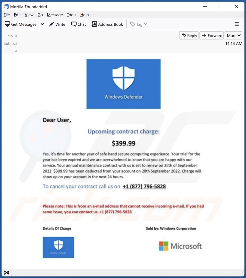 Campagne de spam par e-mail Windows Defender