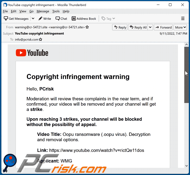 Affichage de l'e-mail d'avertissement de violation des droits d'auteur de YouTube