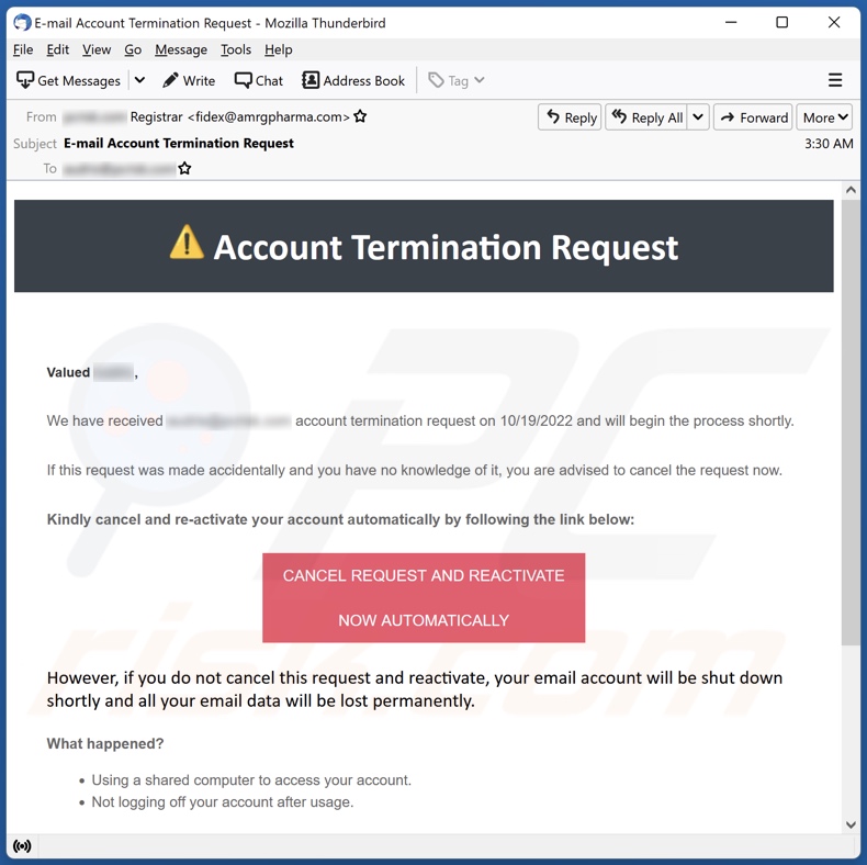 Account Termination Request email campagne de spam