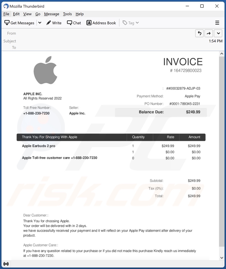 Campagne de spam par e-mail Apple Invoice