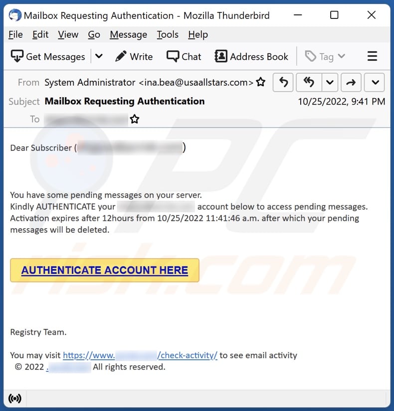 E-mail d'escroquerie authentifier le compte