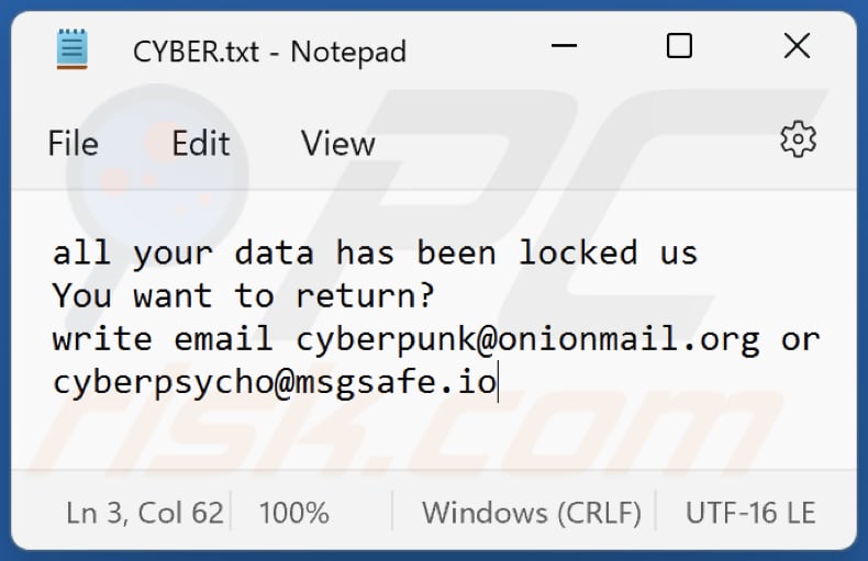 Fichier txt du rançongiciel Cyberpunk (CYBER.txt)