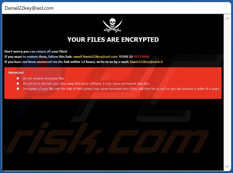 Note de rançon Dkey ransomware (pop-up)