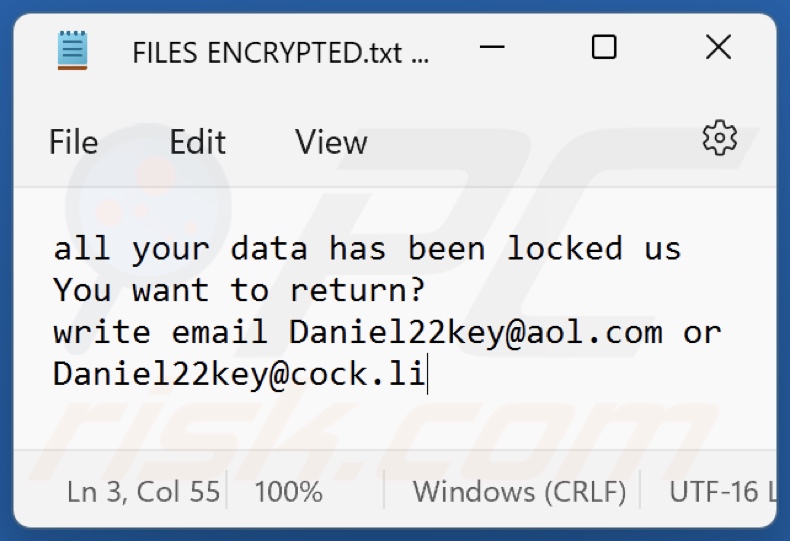 Fichier texte du rançongiciel Dkey (FILES ENCRYPTED.txt)