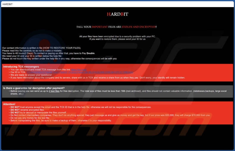 Note de rançon HARDBIT ransomware (pop-up)