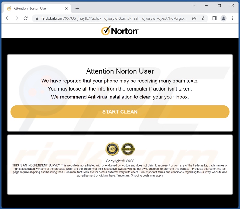Norton - Your Phone May Be Receiveing ​​Many Spam Texts page d'escroquerie initiale