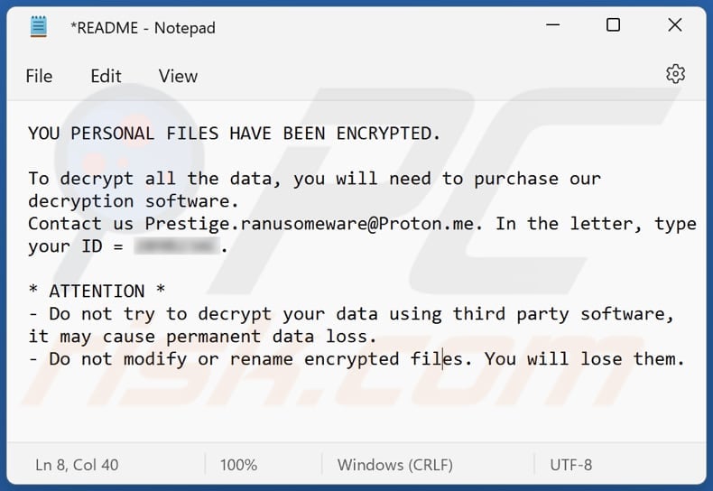 Note de rançon Prestige ransomware (fichier README)