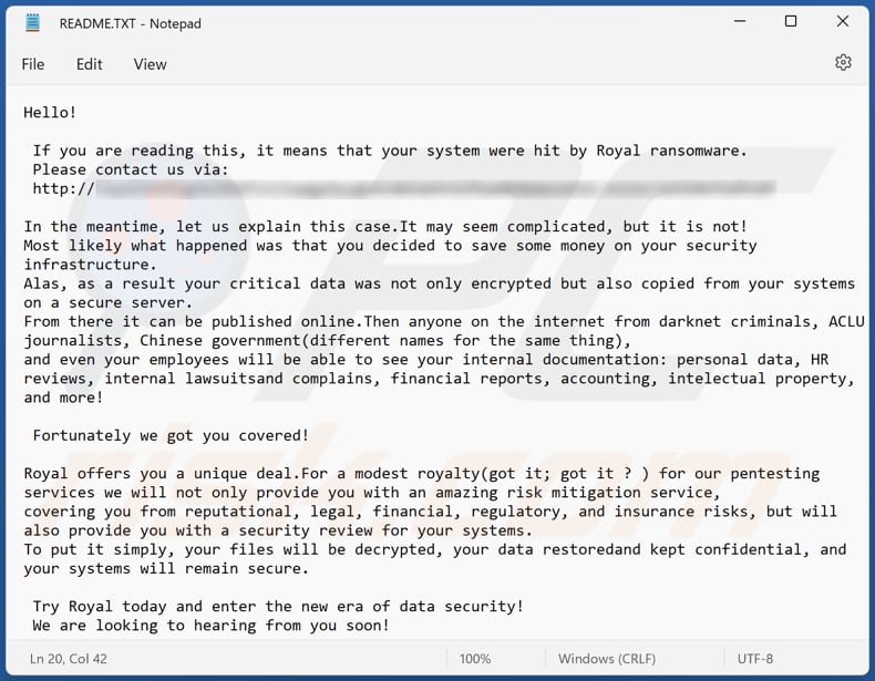 Fichier texte du rançongiciel royal (README.txt)