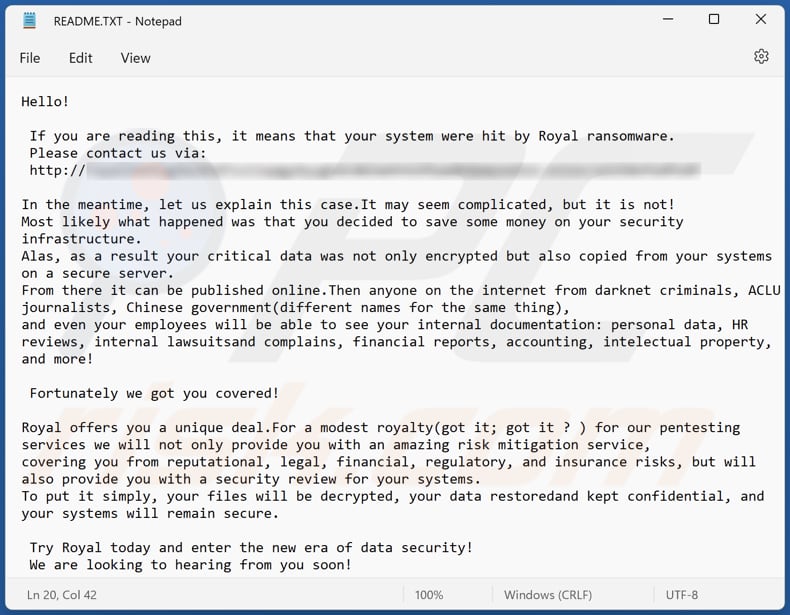 Fichier texte du rançongiciel royal (README.txt)