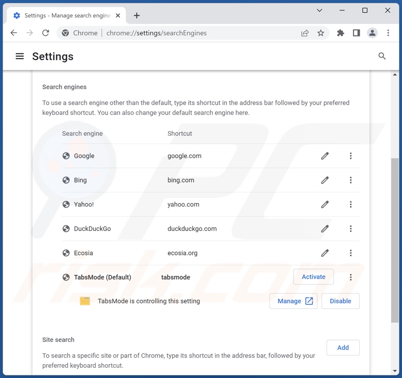 Suppression de tabsmode.xyz du moteur de recherche par défaut de Google Chrome