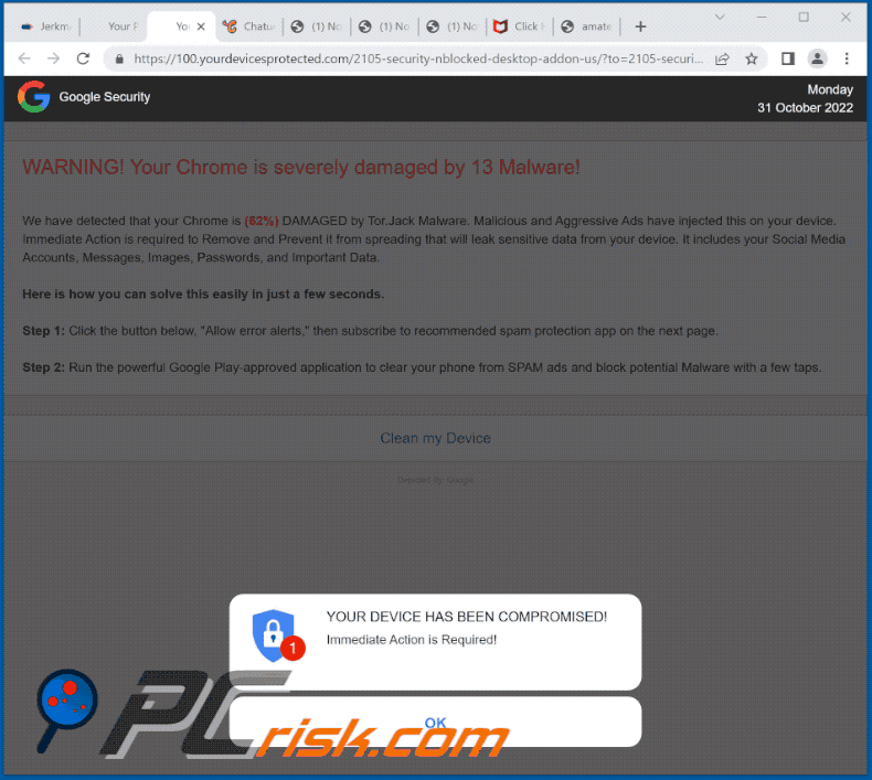 Apparence du site Web yourdevicesprotected[.]com (GIF)