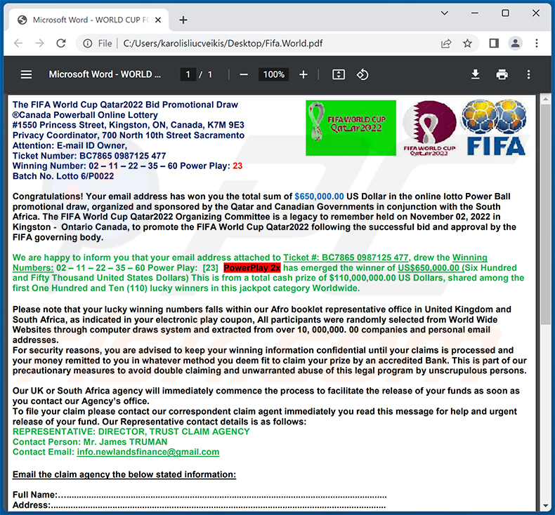 Escroquerie par e-mail du prix de la loterie de la FIFA 2022 (2022-11-17)