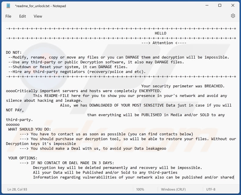 Fichier texte du rançongiciel ARCrypter (*readme_for_unlock.txt)