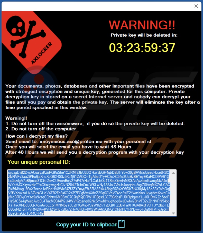 Note de rançon AXLocker ransomware (pop-up)