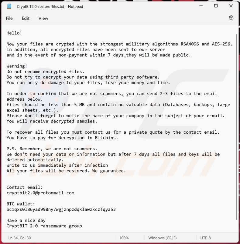 Fichier texte du rançongiciel CryptBIT 2.0 (CryptBIT2.0-restore-files.txt)