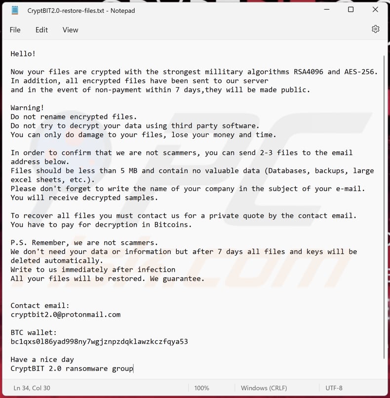 Fichier texte du rançongiciel CryptBIT 2.0 (CryptBIT2.0-restore-files.txt)