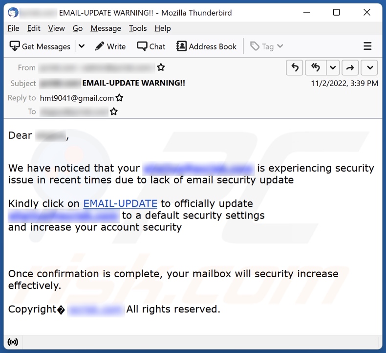 Email Security Update Scam campagne de spam par e-mail