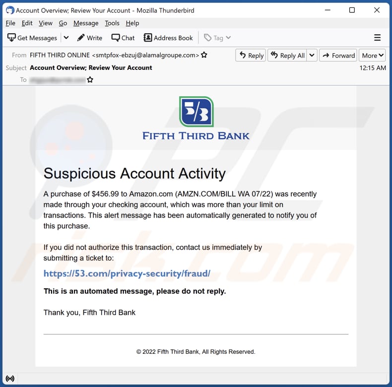 FIFTH THIRD BANK Campagne de spam par courrier électronique