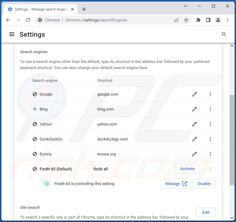 Suppression de find.findit-all.com du moteur de recherche par défaut de Google Chrome