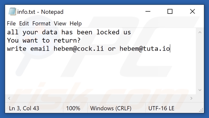 Fichier texte du rançongiciel HBM (info.txt)