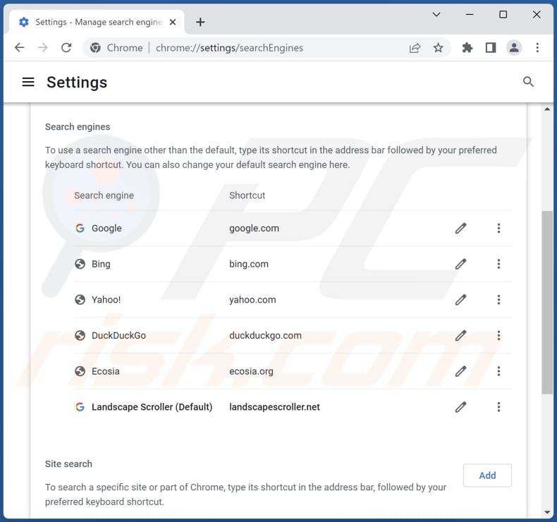 Suppression de search.landscapescroller.net du moteur de recherche par défaut de Google Chrome