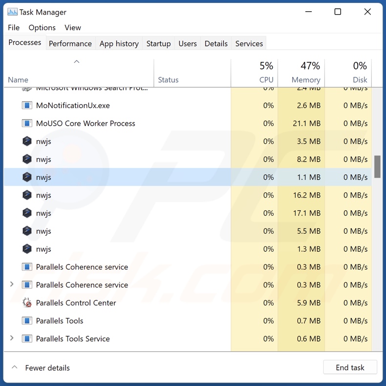 Processus d'adware Movies sur le Gestionnaire des tâches (nwjs - nom du processus)